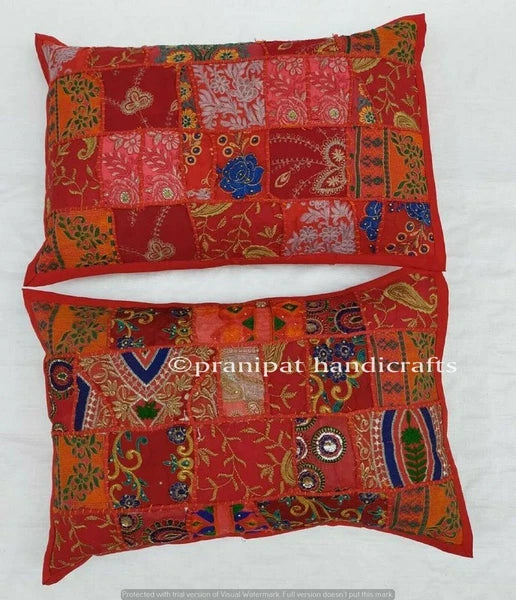 Indian Handmade Patchwork Cushion Vintage Red Throw Sofa Pillow Cover 40x60 cm