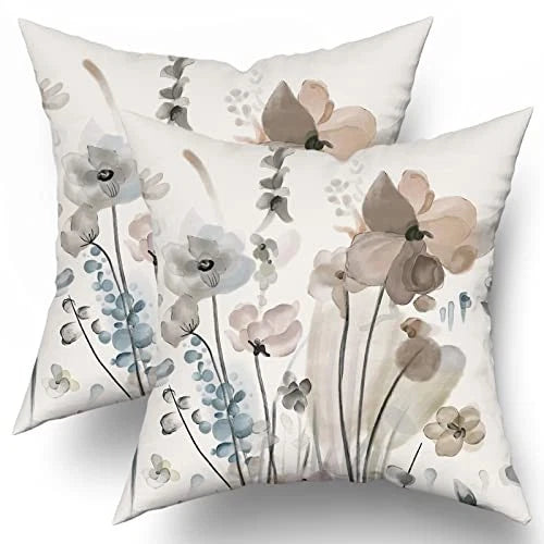 Watercolor Floral Pillow Covers 18X18 in Brown Cream Grey Teal Flower Couch