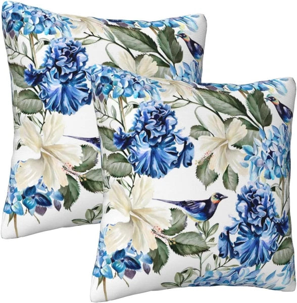 Blue and White Floral Pillow Covers 18X18 Set of 2, Spring Hydrangea Hibiscus Fl