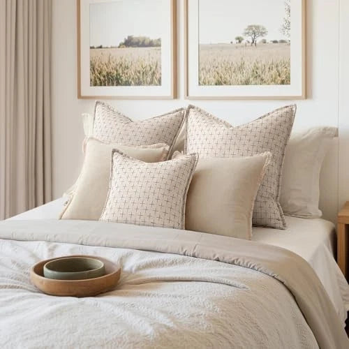 Decorative Burlap Linen Throw Pillows Covers 22x22 22" x 22" (Pack of 2) Beige